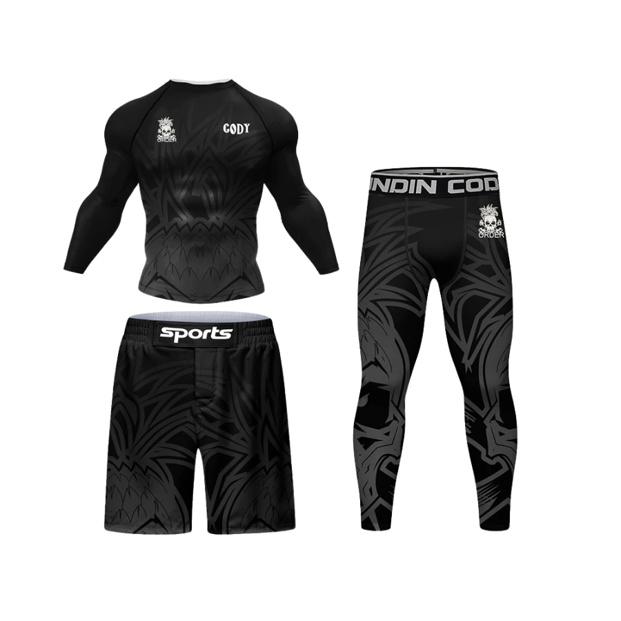 Conjunto Rash. Manga Larga + Pantalón + Short Jiujitsu Black 3