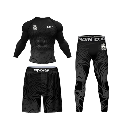 Conjunto Rash. Manga Larga + Pantalón + Short Jiujitsu Black 3