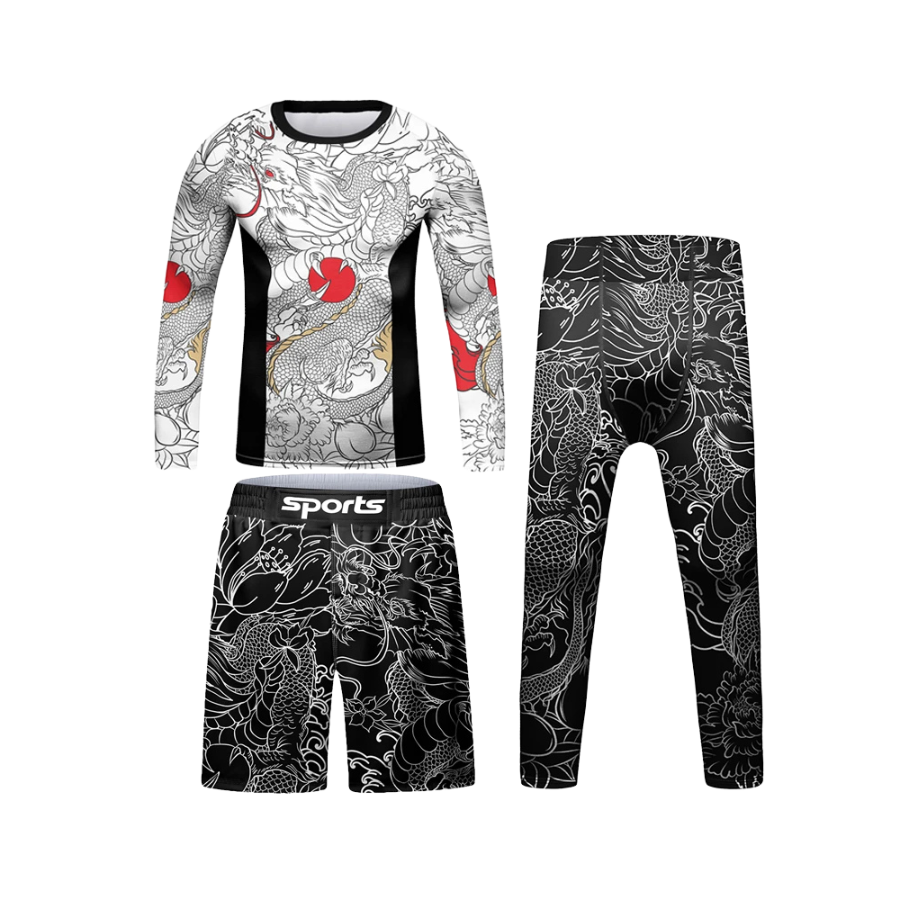 Rashguard Mana Larga + Short + Pantalón Dragón Blanco - Kids