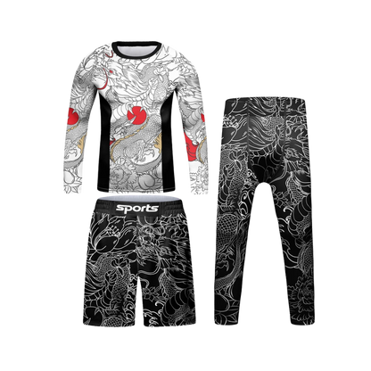 Rashguard Mana Larga + Short + Pantalón Dragón Blanco - Kids