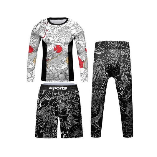 Rashguard Mana Larga + Short + Pantalón Dragón Blanco - Kids