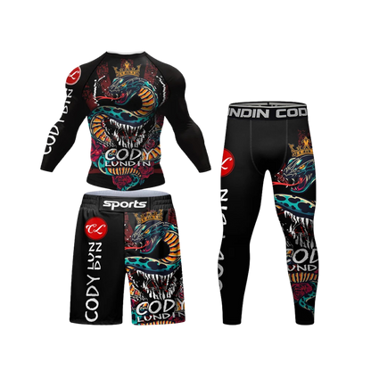 Conjunto Rash. Manga Larga + Pantalón + Short Jiujitsu Dragón Cody Lundin