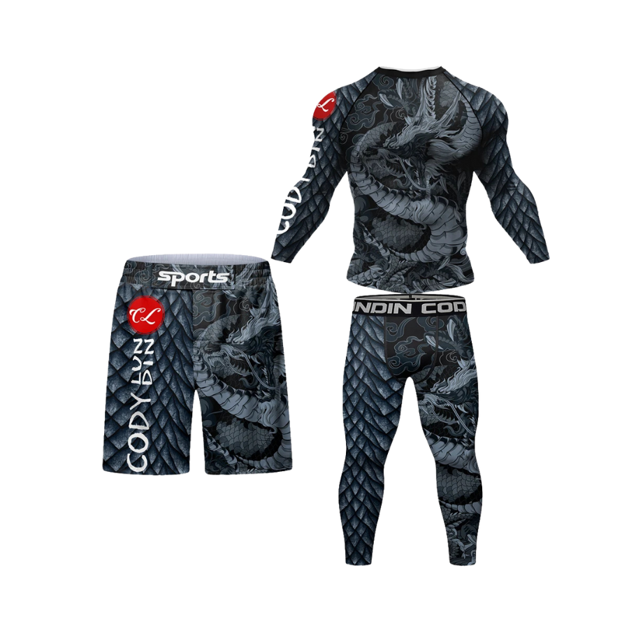 Conjunto Rash. Manga Larga + Pantalón + Short Jiujitsu Dragón
