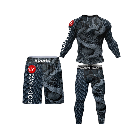 Conjunto Rash. Manga Larga + Pantalón + Short Jiujitsu Dragón
