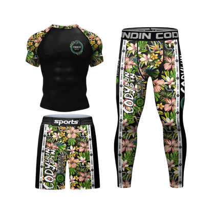 Conjunto Rash. + Pantalón + Short Jiujitsu Flores