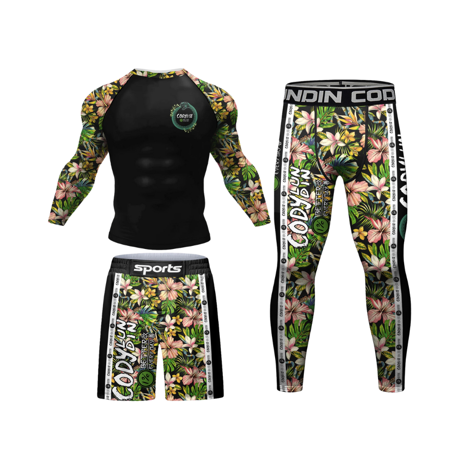 Conjunto Rash. Manga Larga + Pantalón + Short Jiujitsu Flores