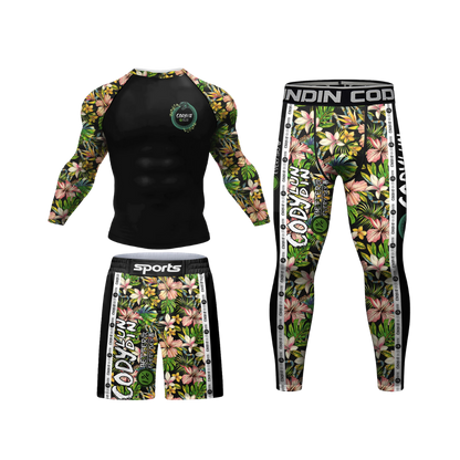 Conjunto Rash. Manga Larga + Pantalón + Short Jiujitsu Flores