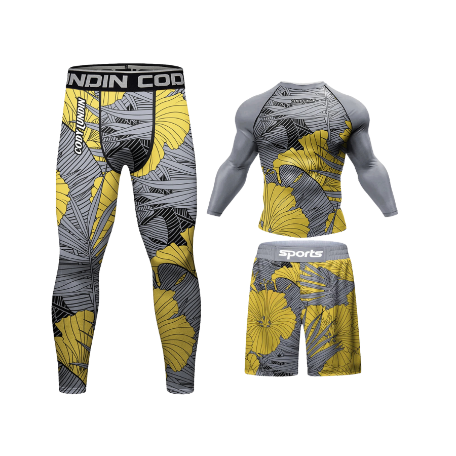 Conjunto Rash. Manga Larga + Pantalón + Short Jiujitsu Yellow Lotus