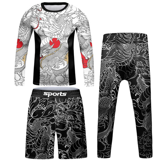 Rashguard Mana Larga + Short + Pantalón Dragón Blanco - Kids
